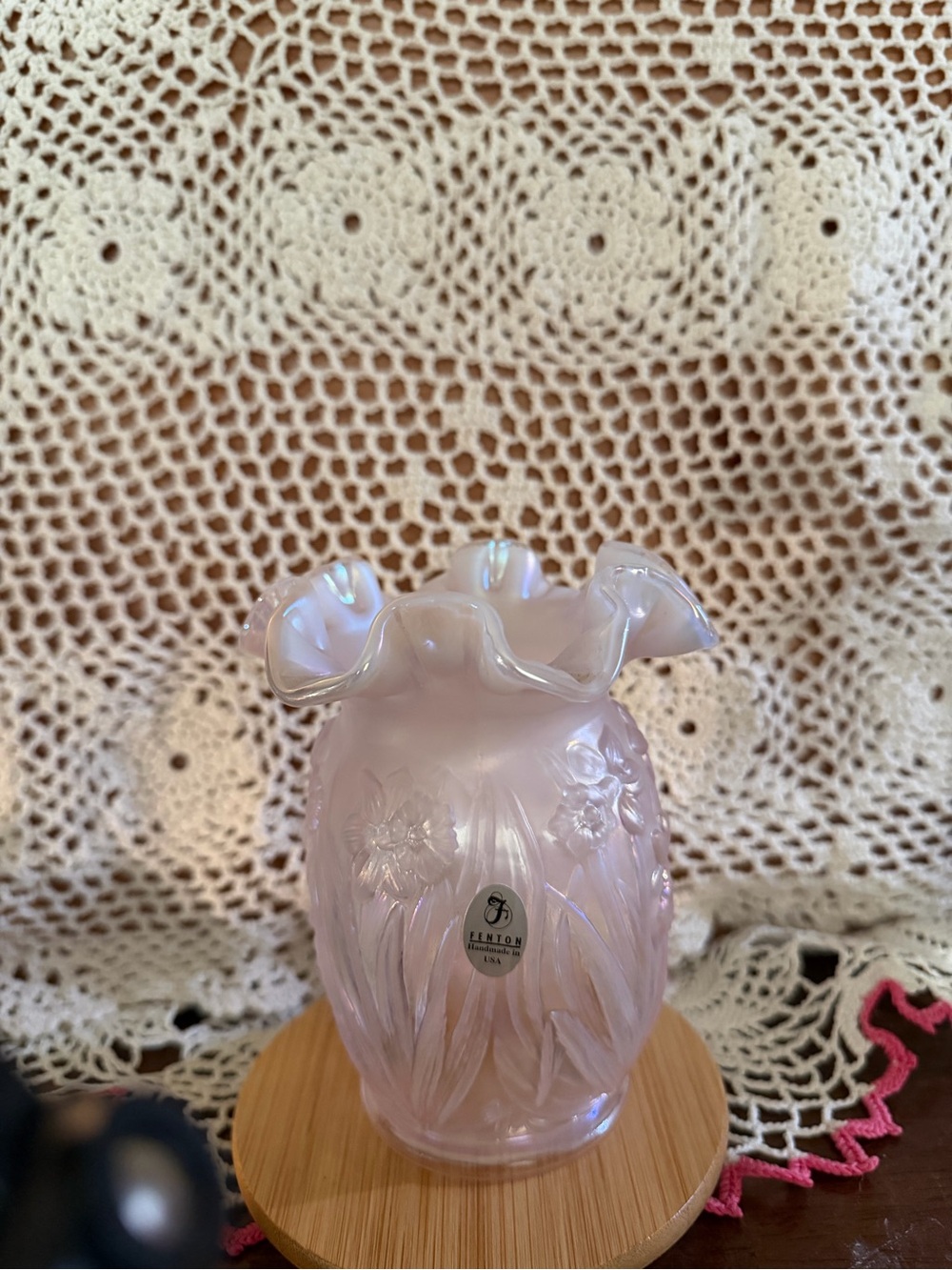 Fenton Pink Iridescent Ruffled Vase